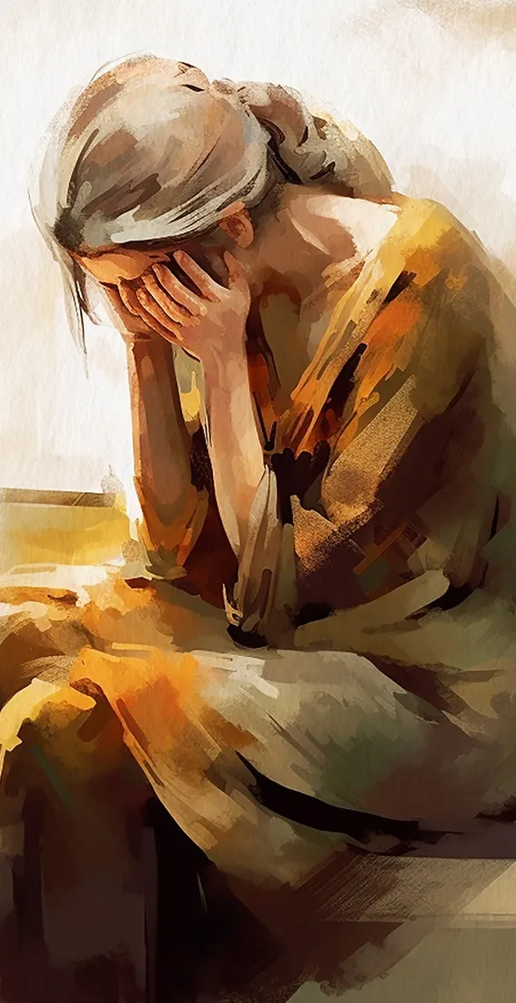 Painted illustration of a person sitting with their face buried in their hands