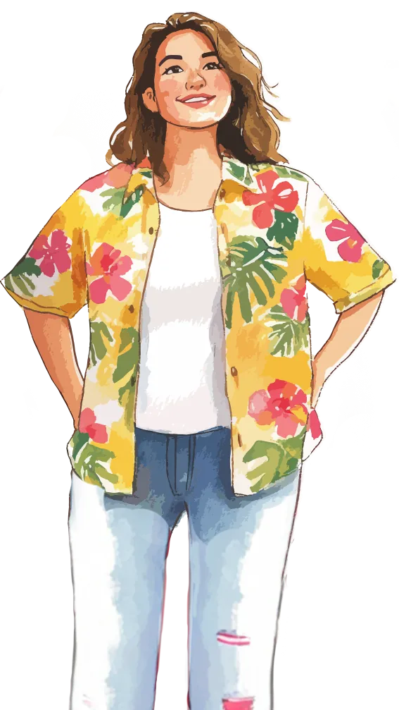 Watercolor illustration of a smiling woman in a floral shirt and jeans, looking upward